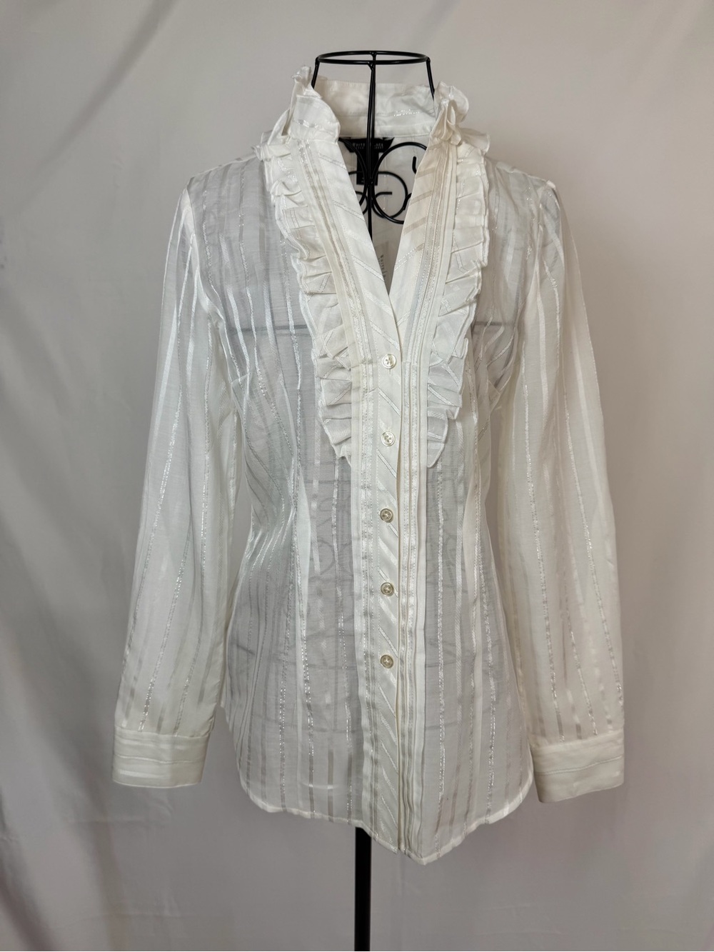 White House Black Market White Ruffle-Front Button Down Blouse